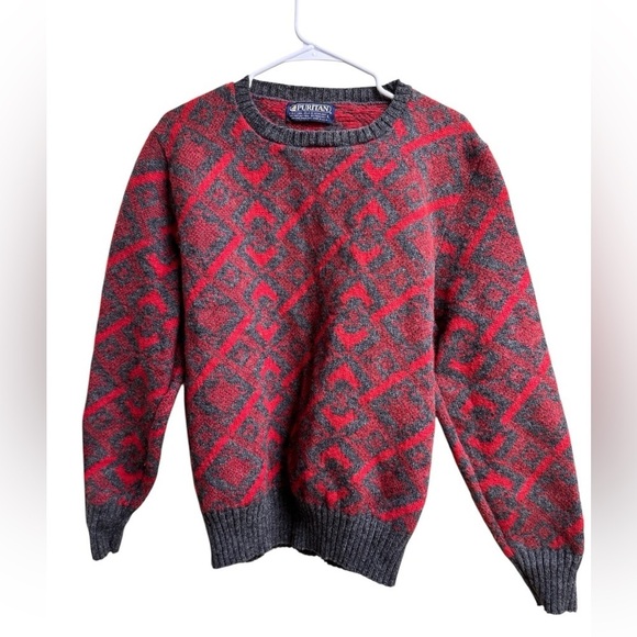 Puritan Other - Vintage Puritan Shetland Wool Sweater Men’s L Red Gray Geometric Knit USA Made